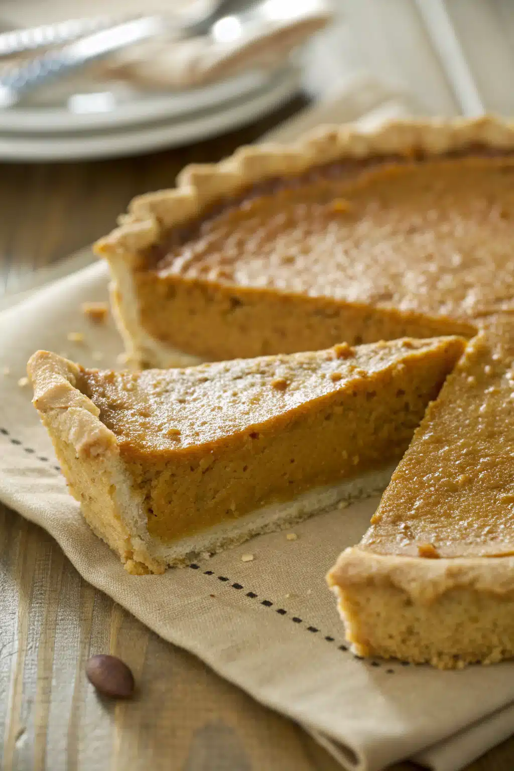 Pumpkin Pie Recipe slice on plate showing perfect texture and swirl pattern
