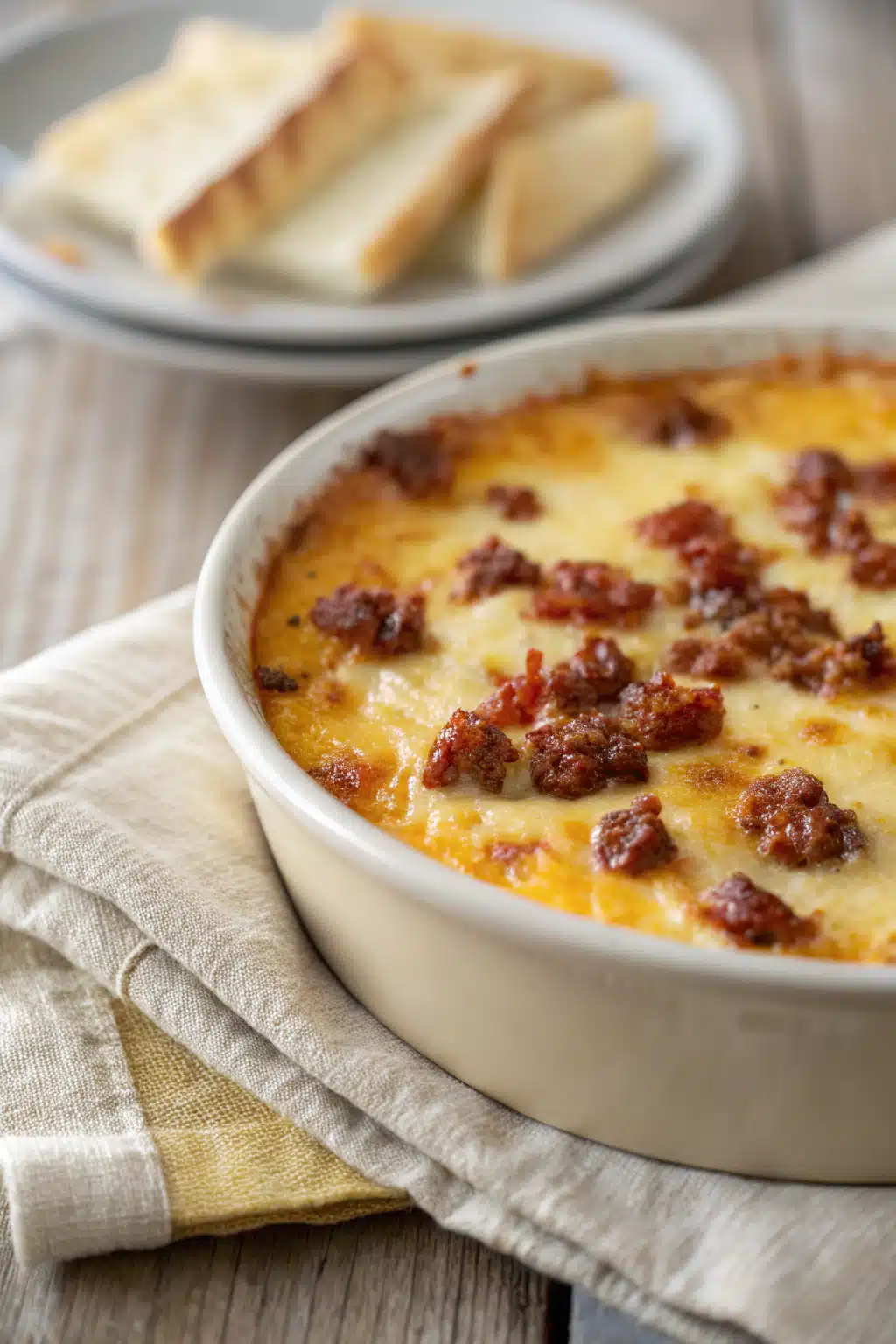 Queso Fundido With Chorizo slice on plate showing perfect texture and swirl pattern