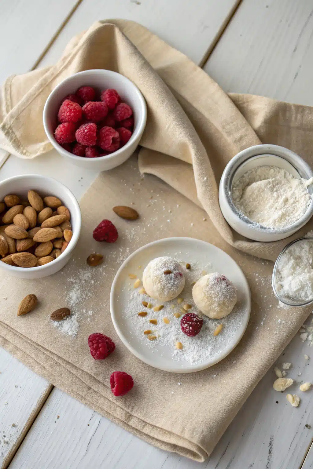 Raspberry Almond Snowball Cookies beautifully presented from an overhead angle