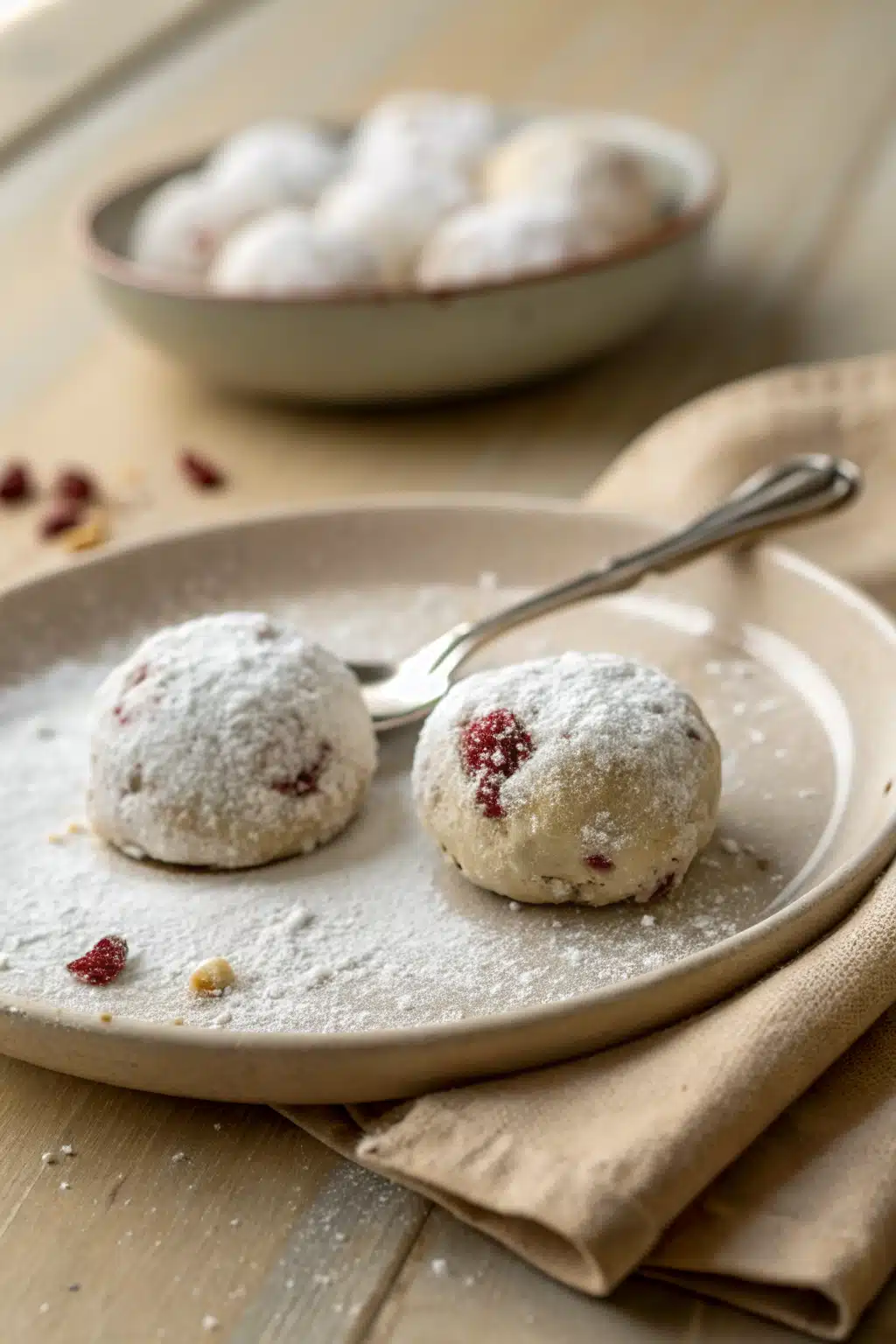 Raspberry Almond Snowball Cookies ingredients organized and measured on kitchen counter