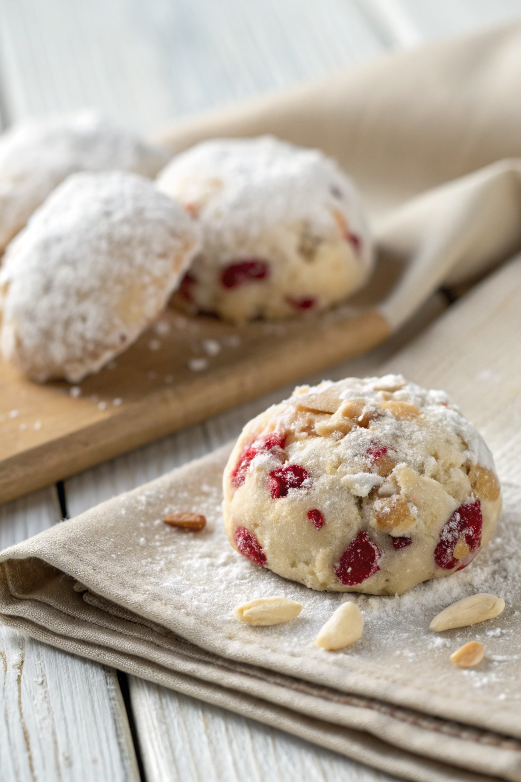 Raspberry Almond Snowball Cookies slice on plate showing perfect texture and swirl pattern