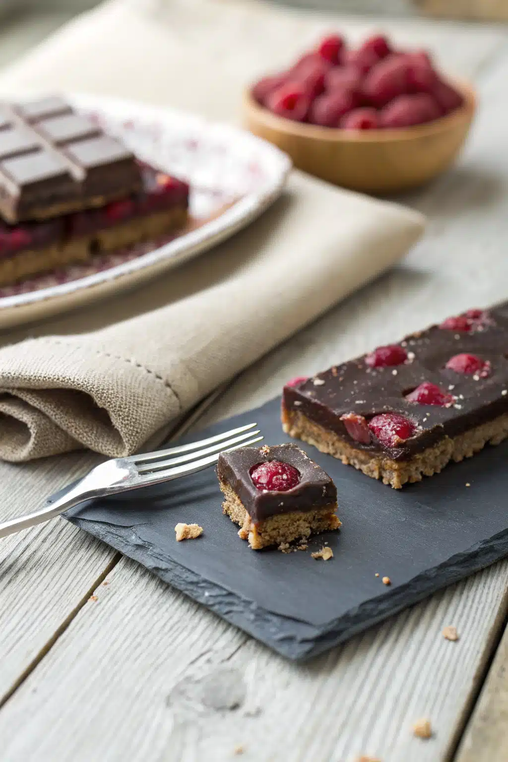 Chocolate Raspberry Bars ingredients organized and measured on kitchen counter