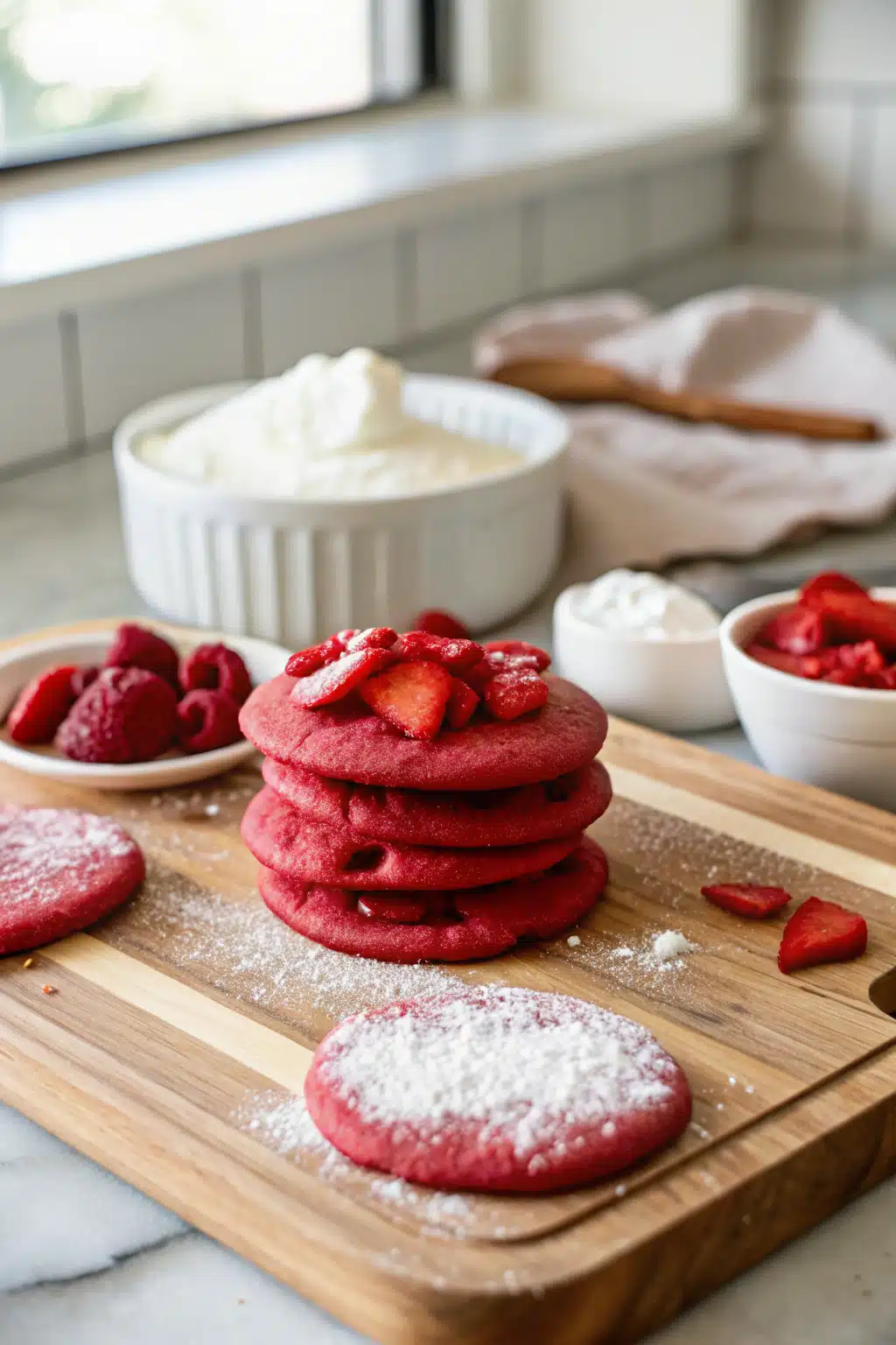 Red Velvet Sugar Cookies beautifully presented from an overhead angle