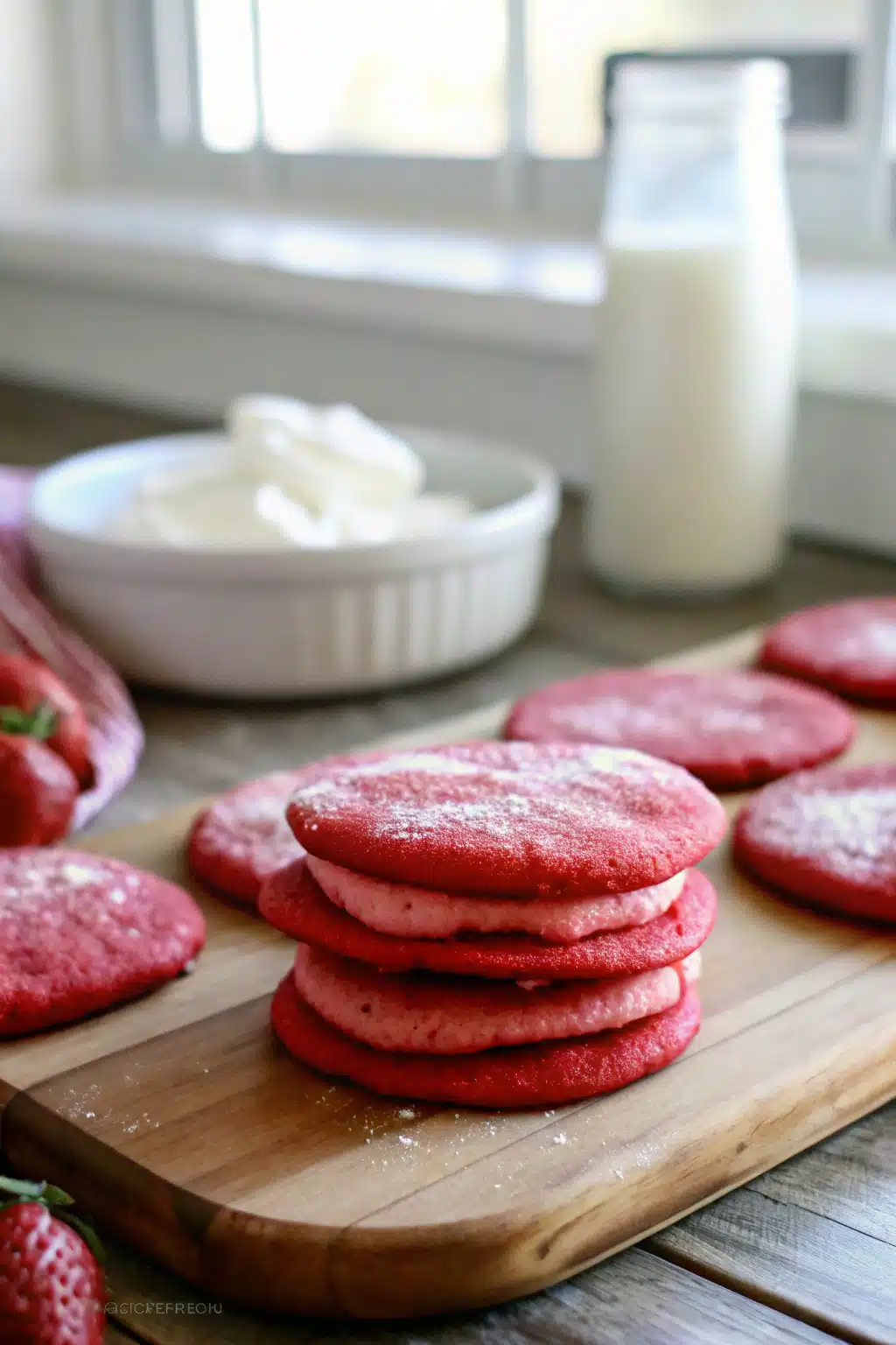 Red Velvet Sugar Cookies ingredients organized and measured on kitchen counter