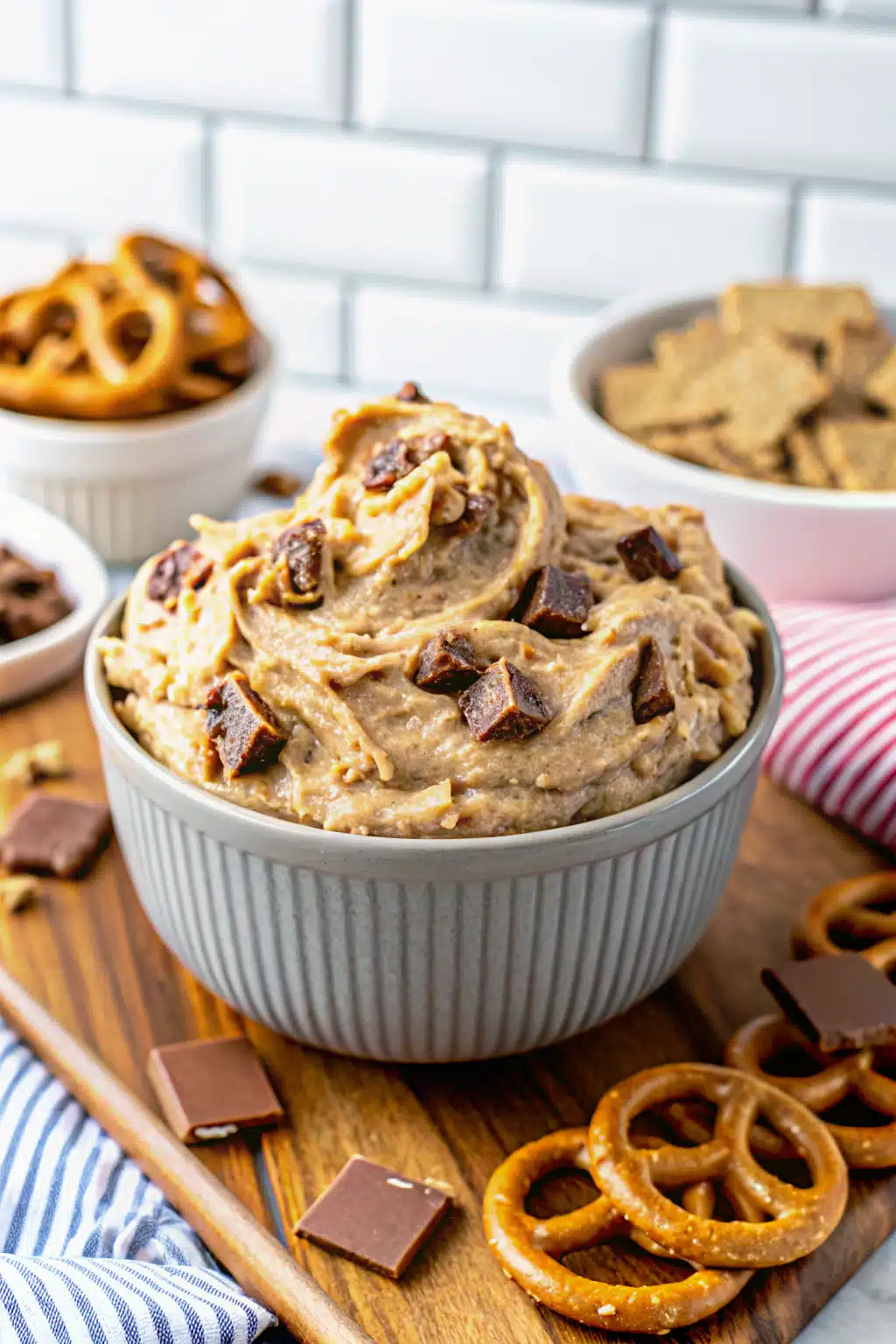 Reese's Peanut Butter Cookie Dough Dip beautifully presented from an overhead angle