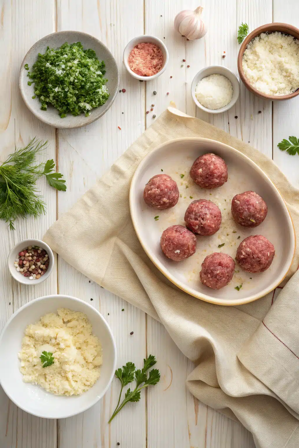 Ricotta Meatballs beautifully presented from an overhead angle
