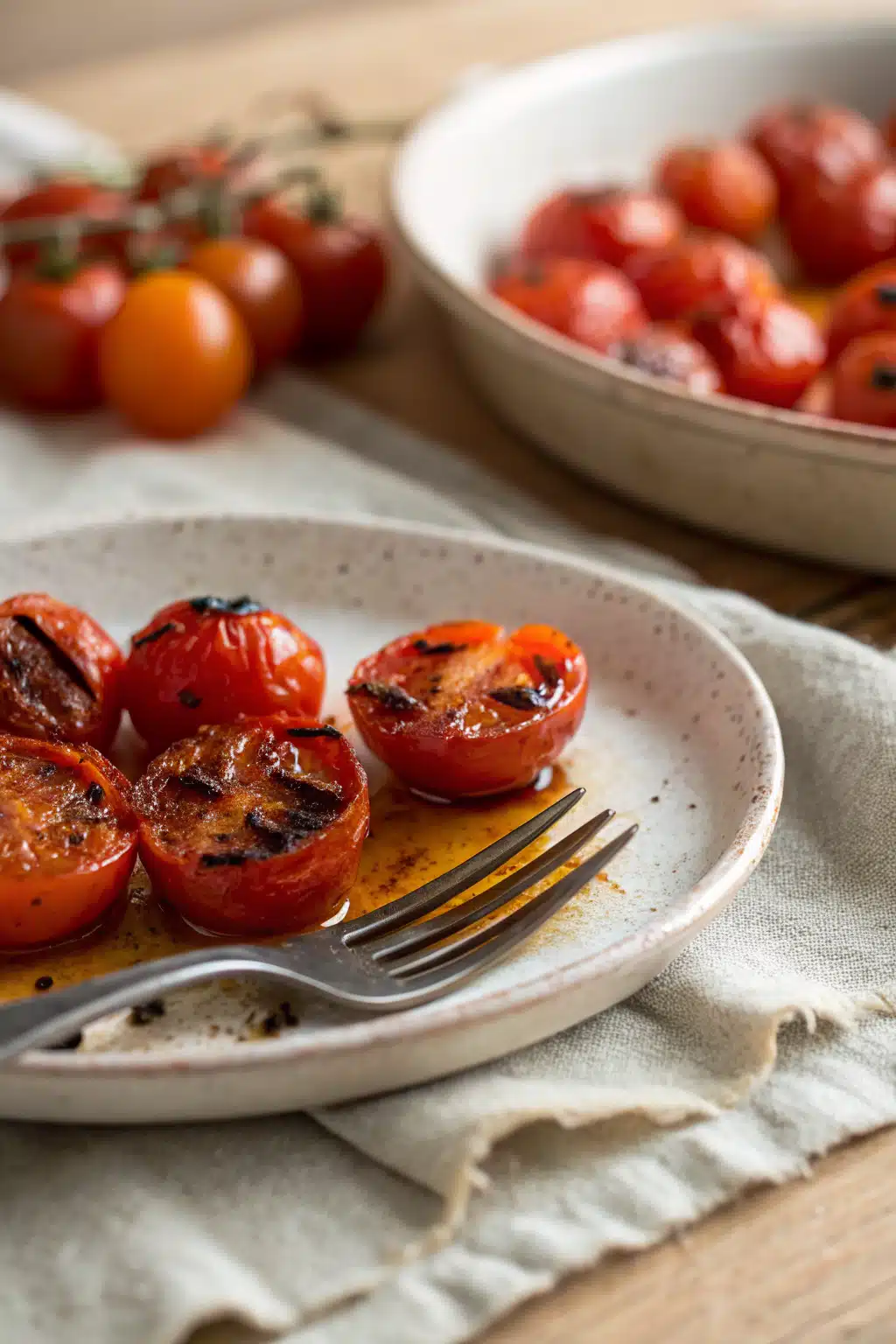 Roasted Cherry Tomatoes ingredients organized and measured on kitchen counter