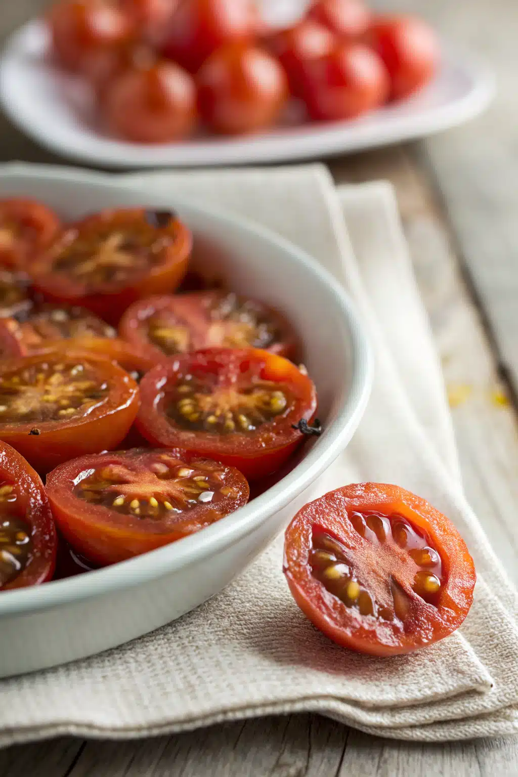 Roasted Cherry Tomatoes slice on plate showing perfect texture and swirl pattern