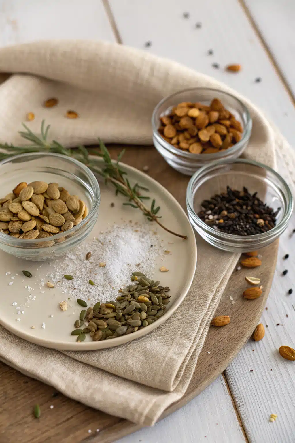 Roasted Pumpkin Seeds beautifully presented from an overhead angle