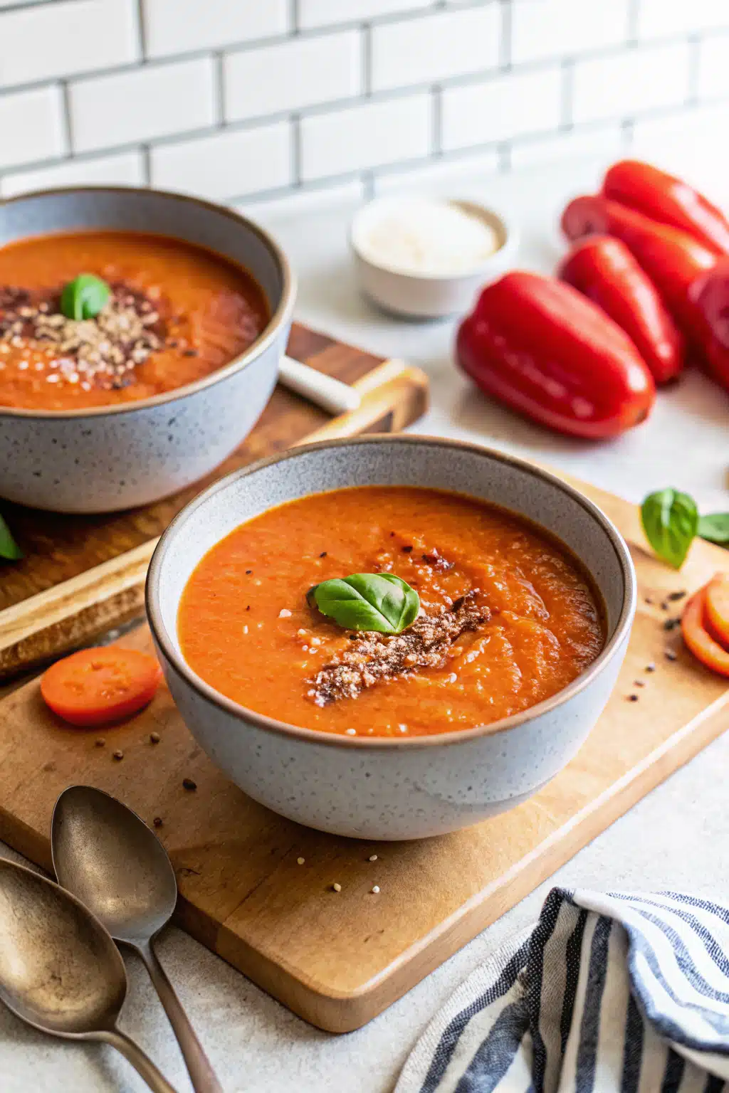 Roasted Red Pepper Soup beautifully presented from an overhead angle
