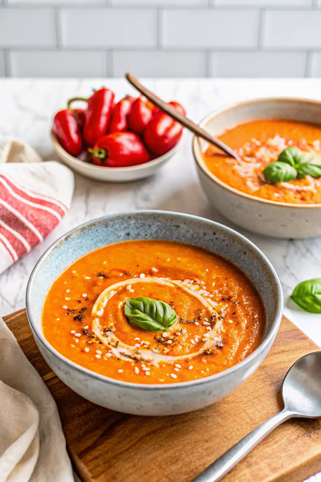 Roasted Red Pepper Soup ingredients organized and measured on kitchen counter