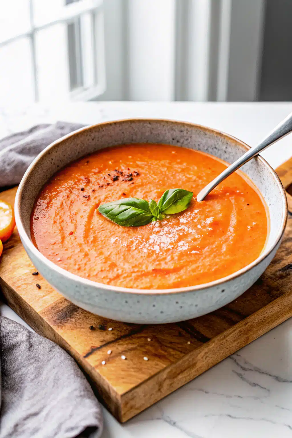 Roasted Red Pepper Soup slice on plate showing perfect texture and swirl pattern