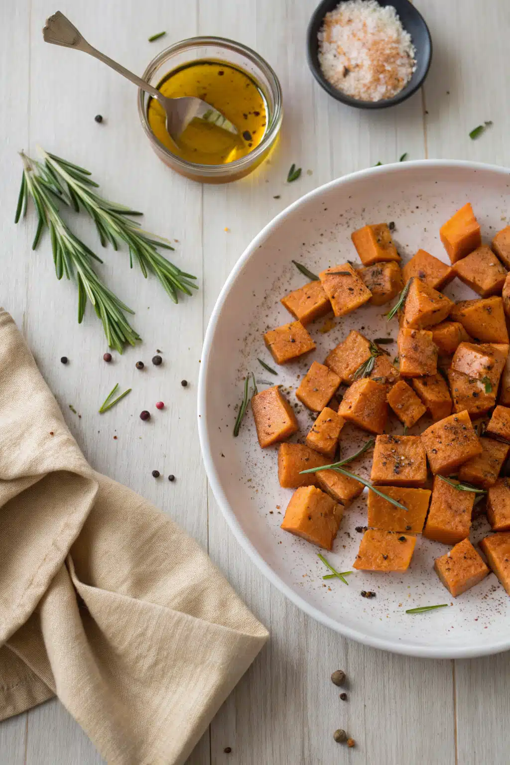 Roasted Sweet Potatoes beautifully presented from an overhead angle