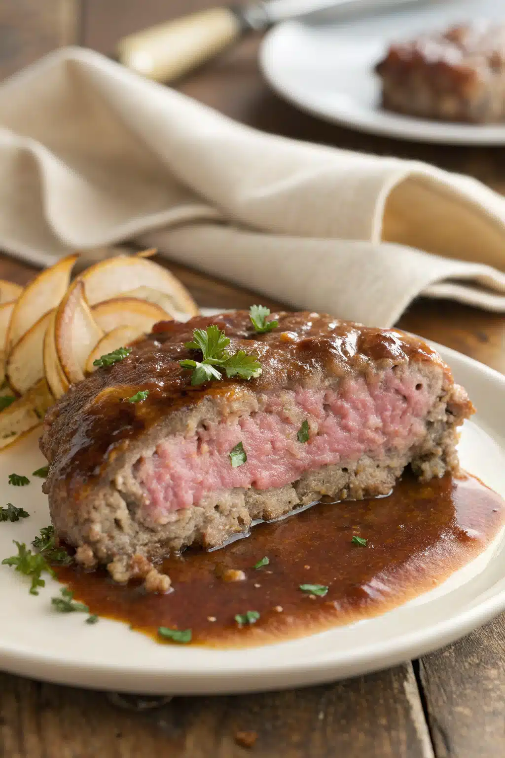 Salisbury Steak Recipe slice on plate showing perfect texture and swirl pattern