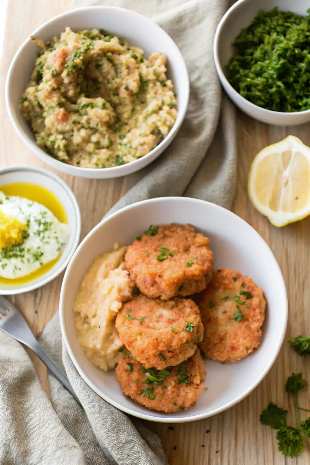 Salmon Cakes beautifully presented from an overhead angle