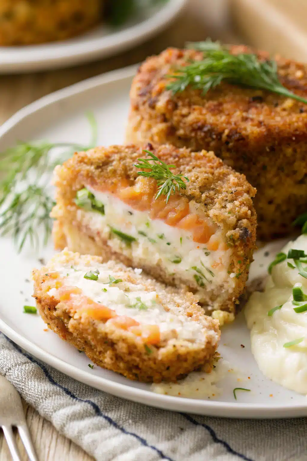 Salmon Cakes slice on plate showing perfect texture and swirl pattern