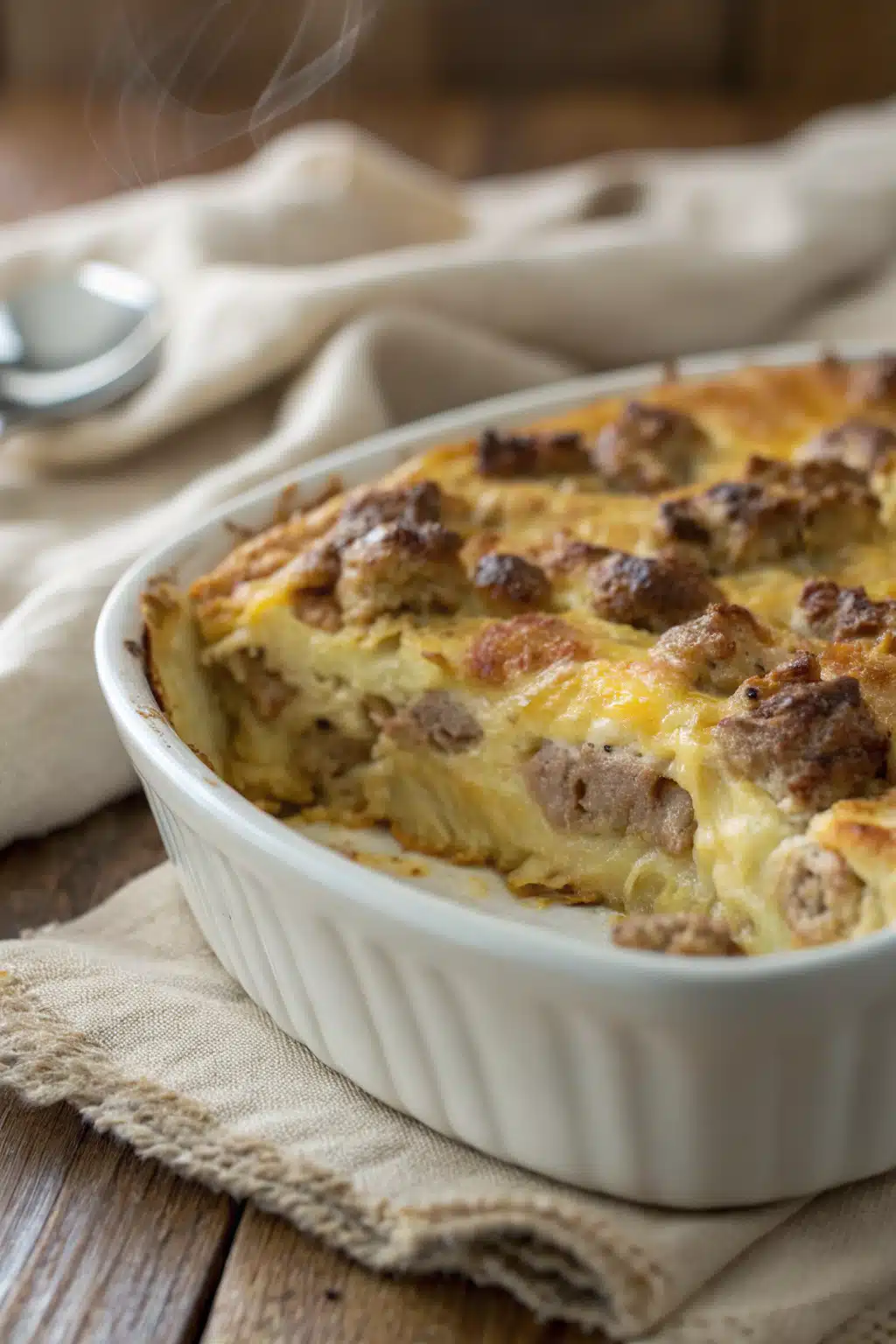 Sausage Egg Casserole slice on plate showing perfect texture and swirl pattern