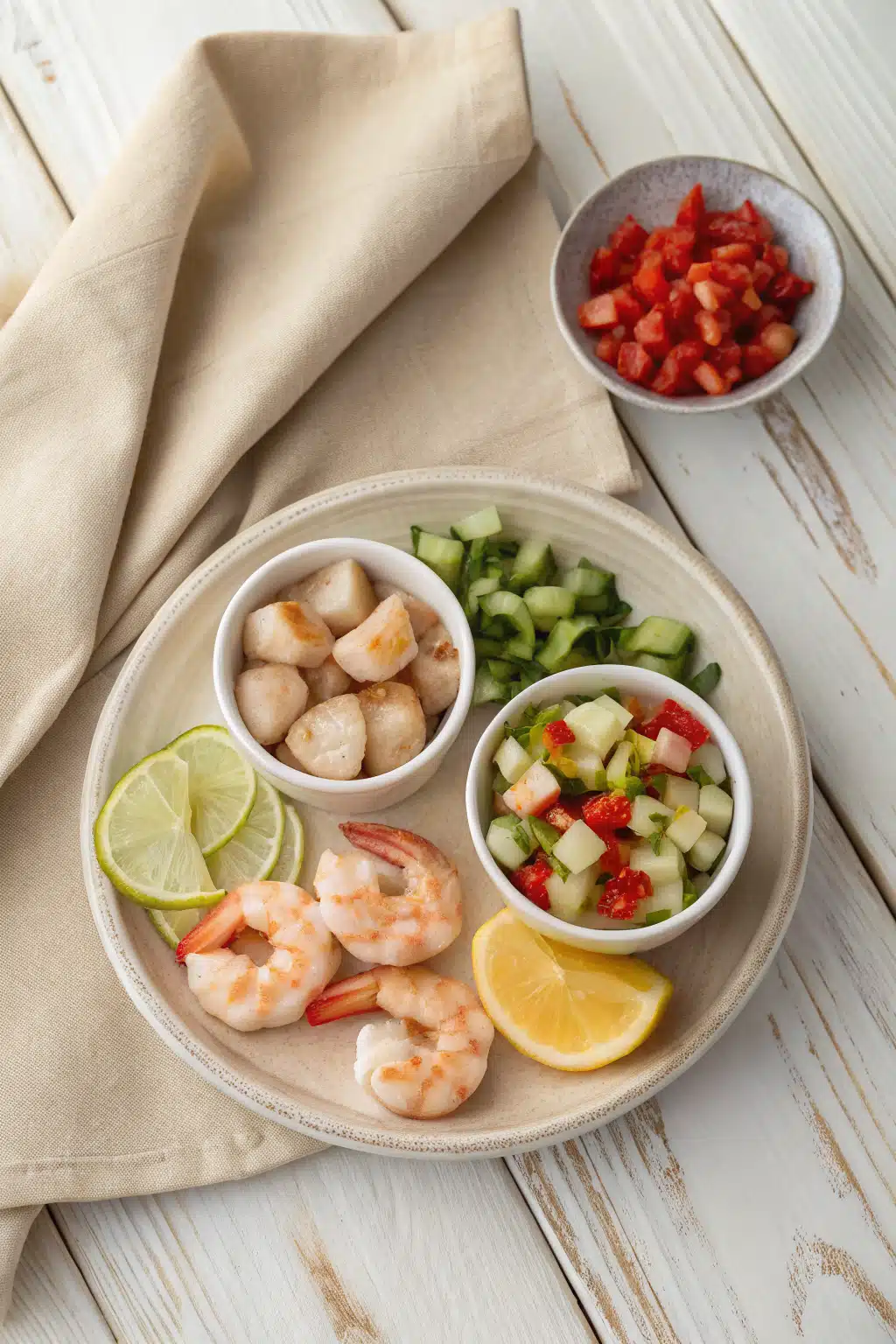 Seafood Salad beautifully presented from an overhead angle