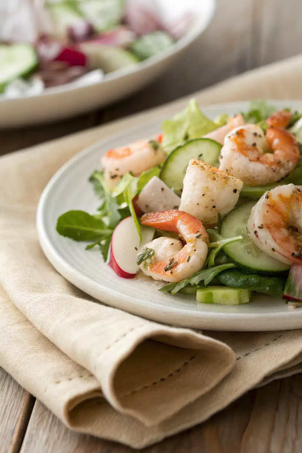 Seafood Salad slice on plate showing perfect texture and swirl pattern