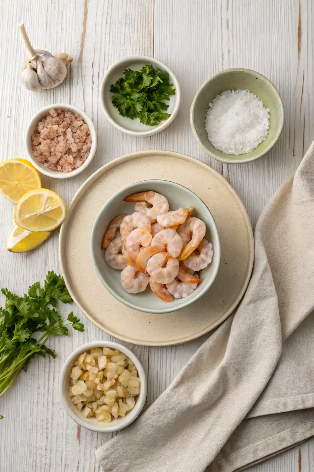 Shrimp Scampi beautifully presented from an overhead angle