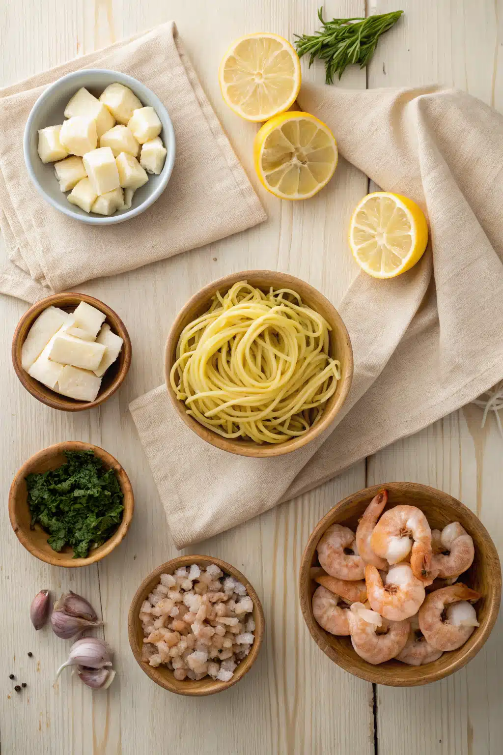 Shrimp Scampi Pasta beautifully presented from an overhead angle