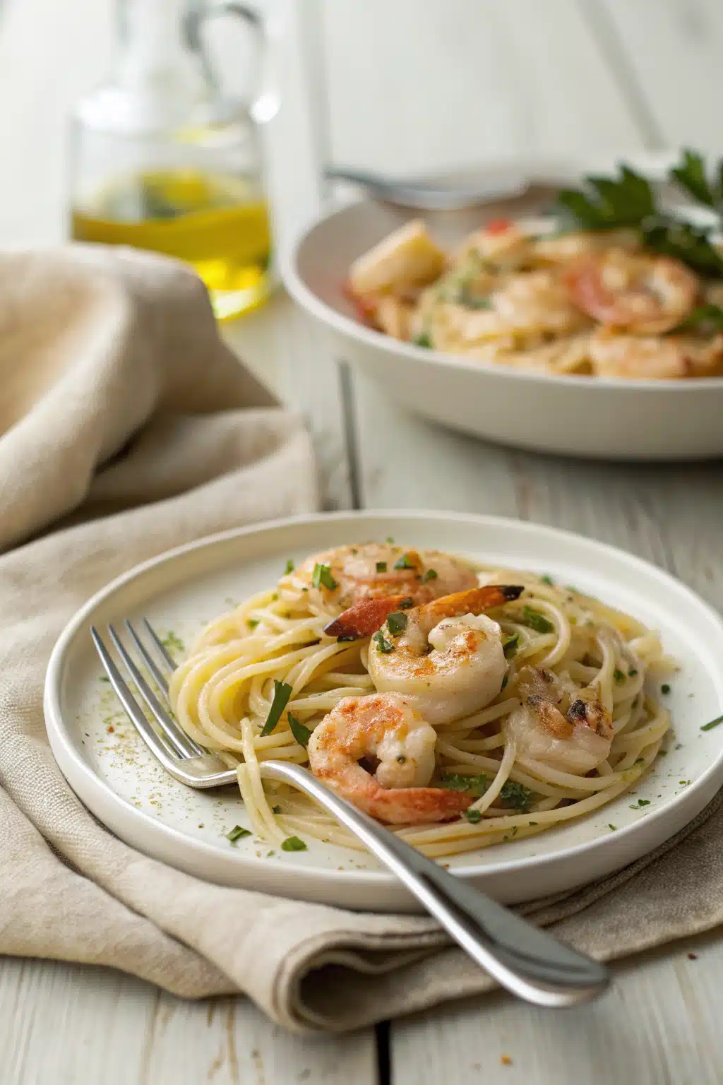 Shrimp Scampi Pasta ingredients organized and measured on kitchen counter