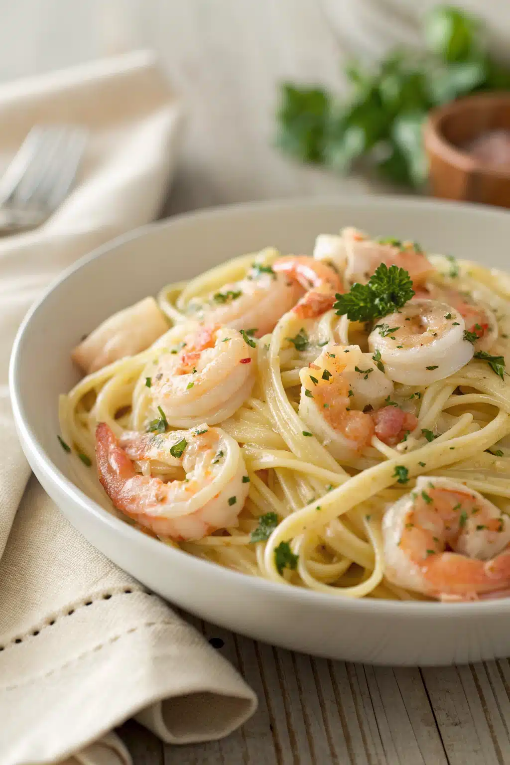 Shrimp Scampi Pasta slice on plate showing perfect texture and swirl pattern