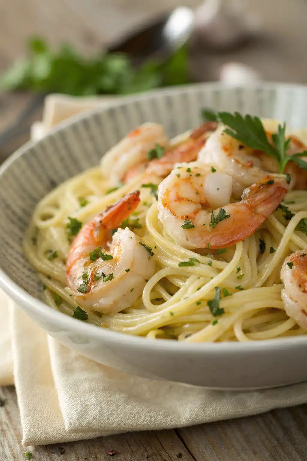 Shrimp Scampi slice on plate showing perfect texture and swirl pattern
