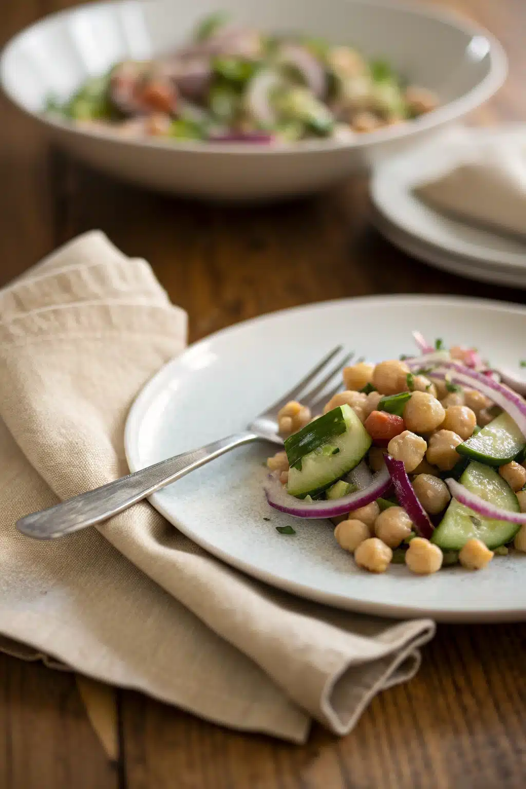 Simple Chickpea Salad ingredients organized and measured on kitchen counter