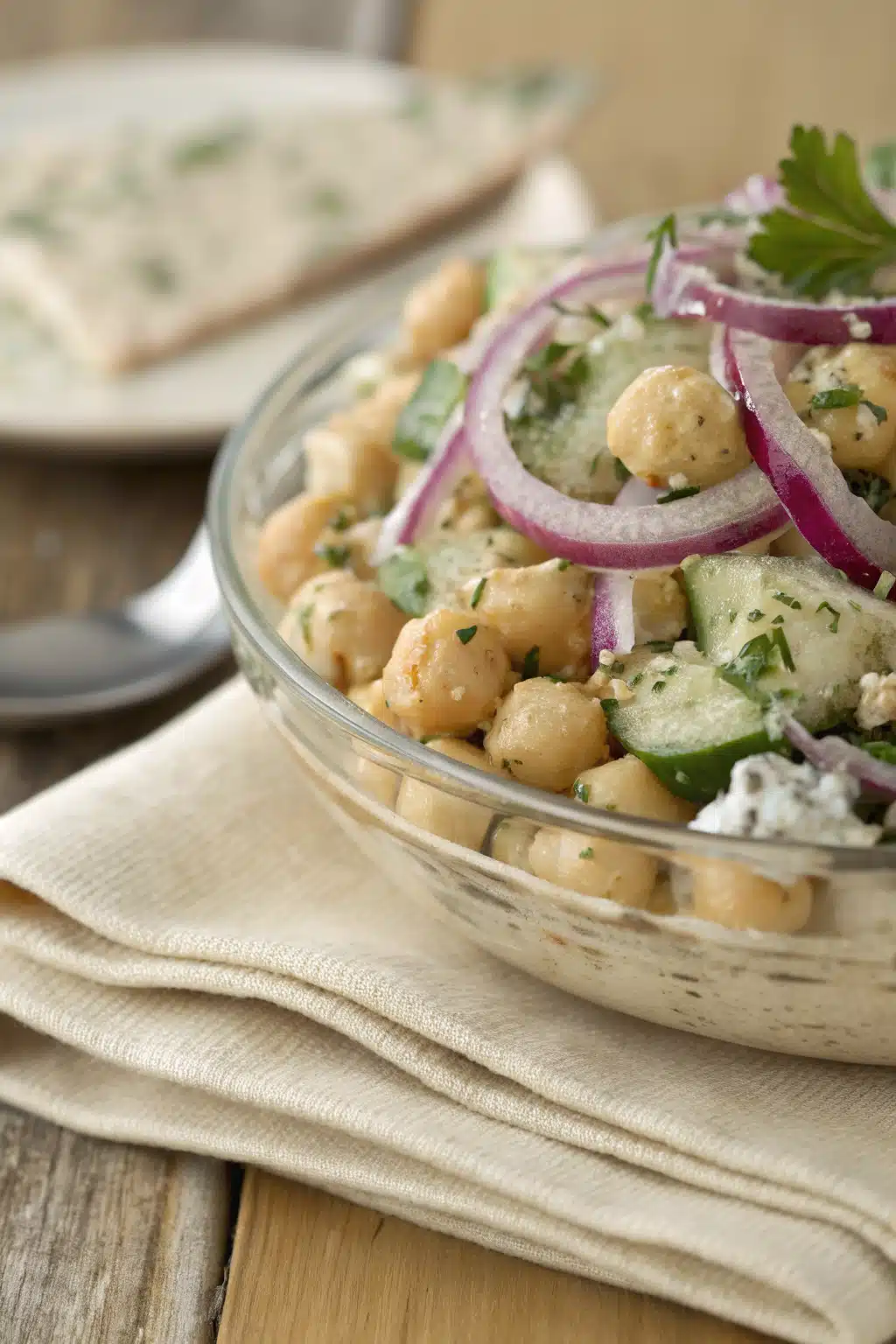 Simple Chickpea Salad slice on plate showing perfect texture and swirl pattern