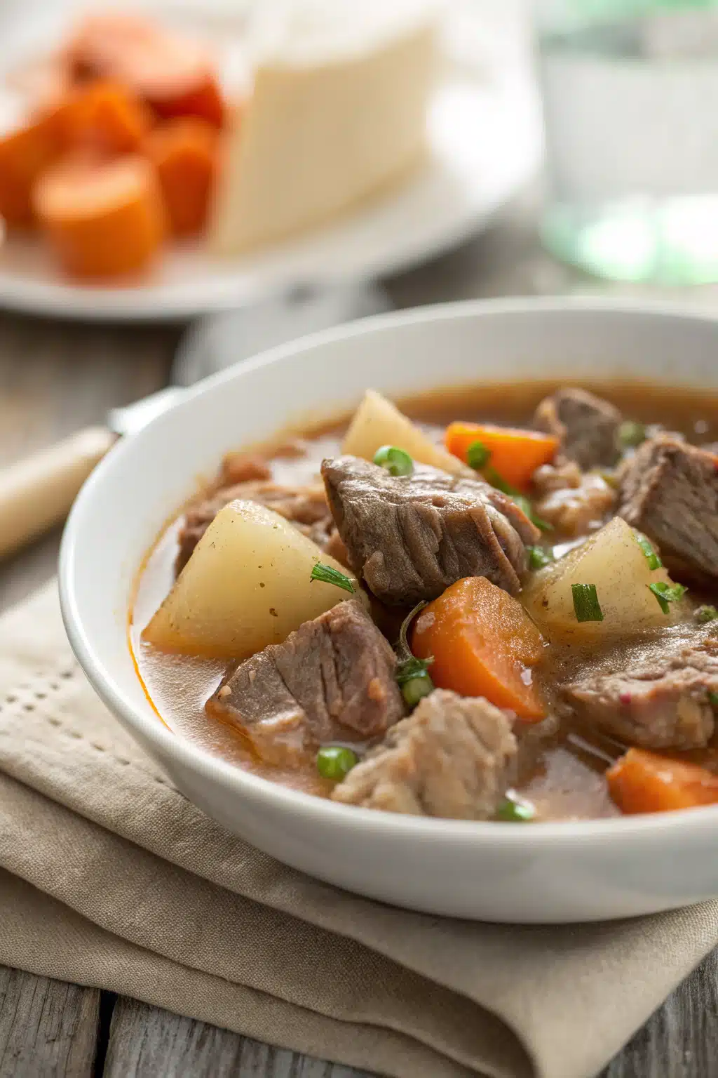 Slow Cooker Beef Stew slice on plate showing perfect texture and swirl pattern