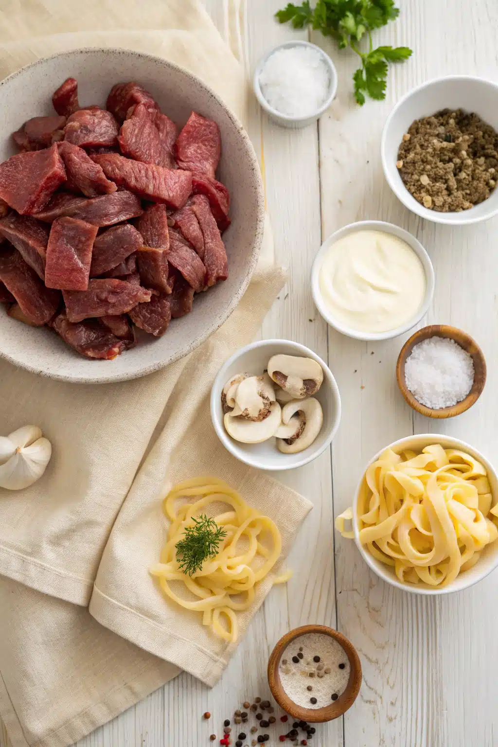 Slow Cooker Beef Stroganoff beautifully presented from an overhead angle