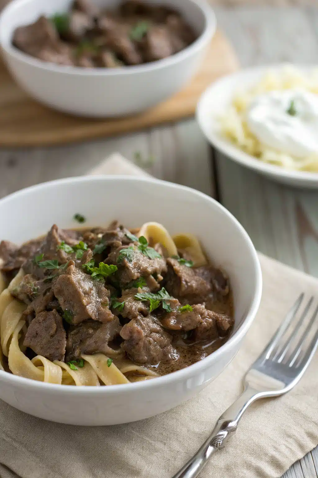 Slow Cooker Beef Stroganoff ingredients organized and measured on kitchen counter