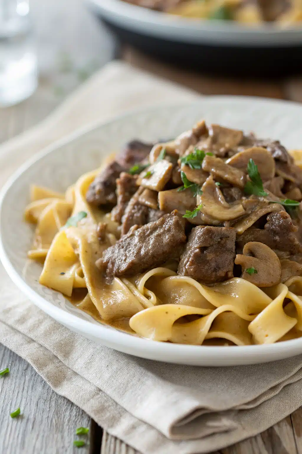 Slow Cooker Beef Stroganoff slice on plate showing perfect texture and swirl pattern