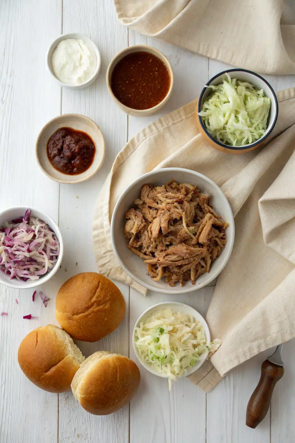 Slow Cooker Pulled Pork beautifully presented from an overhead angle