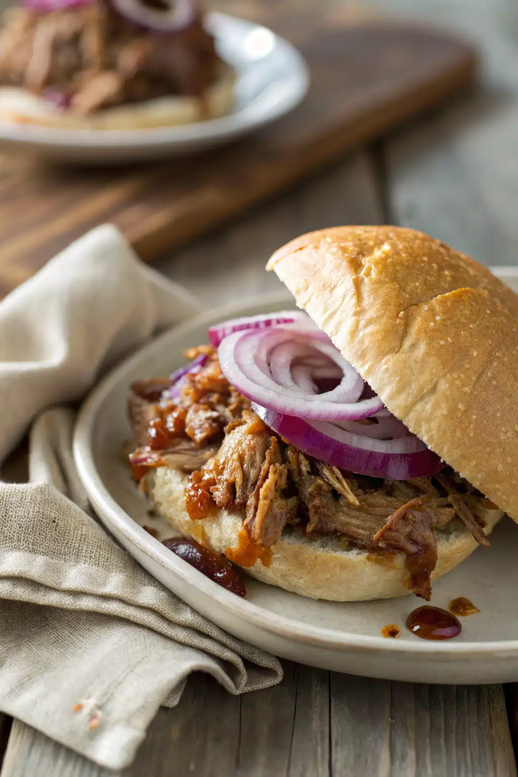 Slow Cooker Pulled Pork slice on plate showing perfect texture and swirl pattern