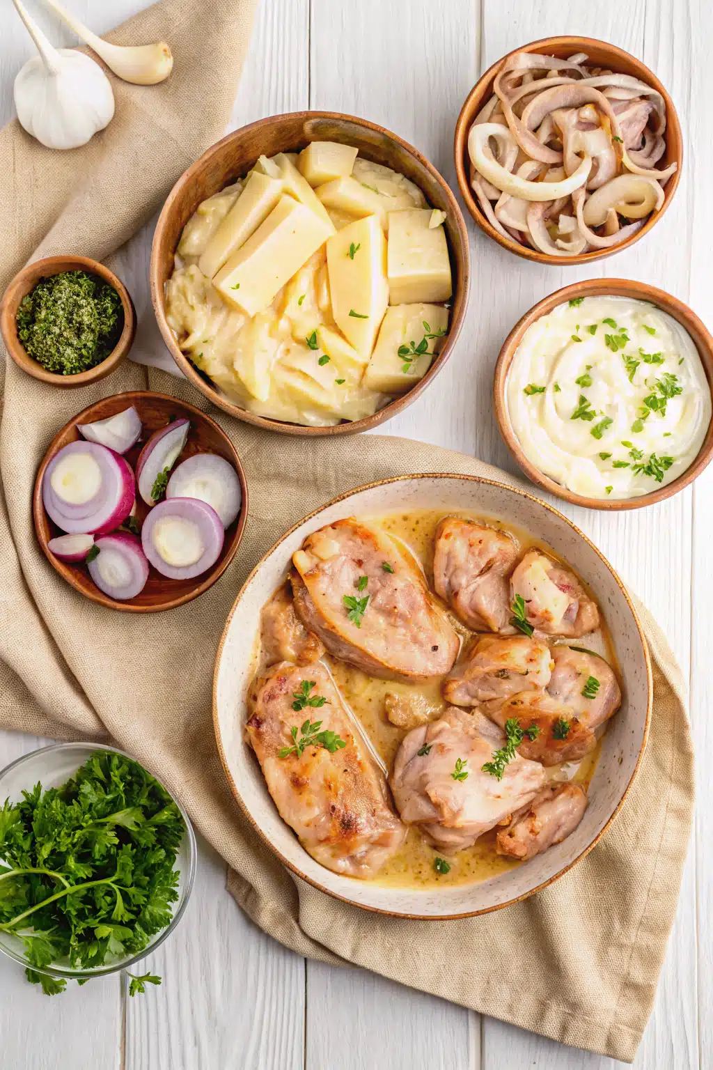 Smothered Chicken beautifully presented from an overhead angle
