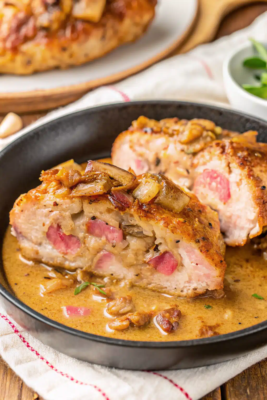 Smothered Chicken slice on plate showing perfect texture and swirl pattern