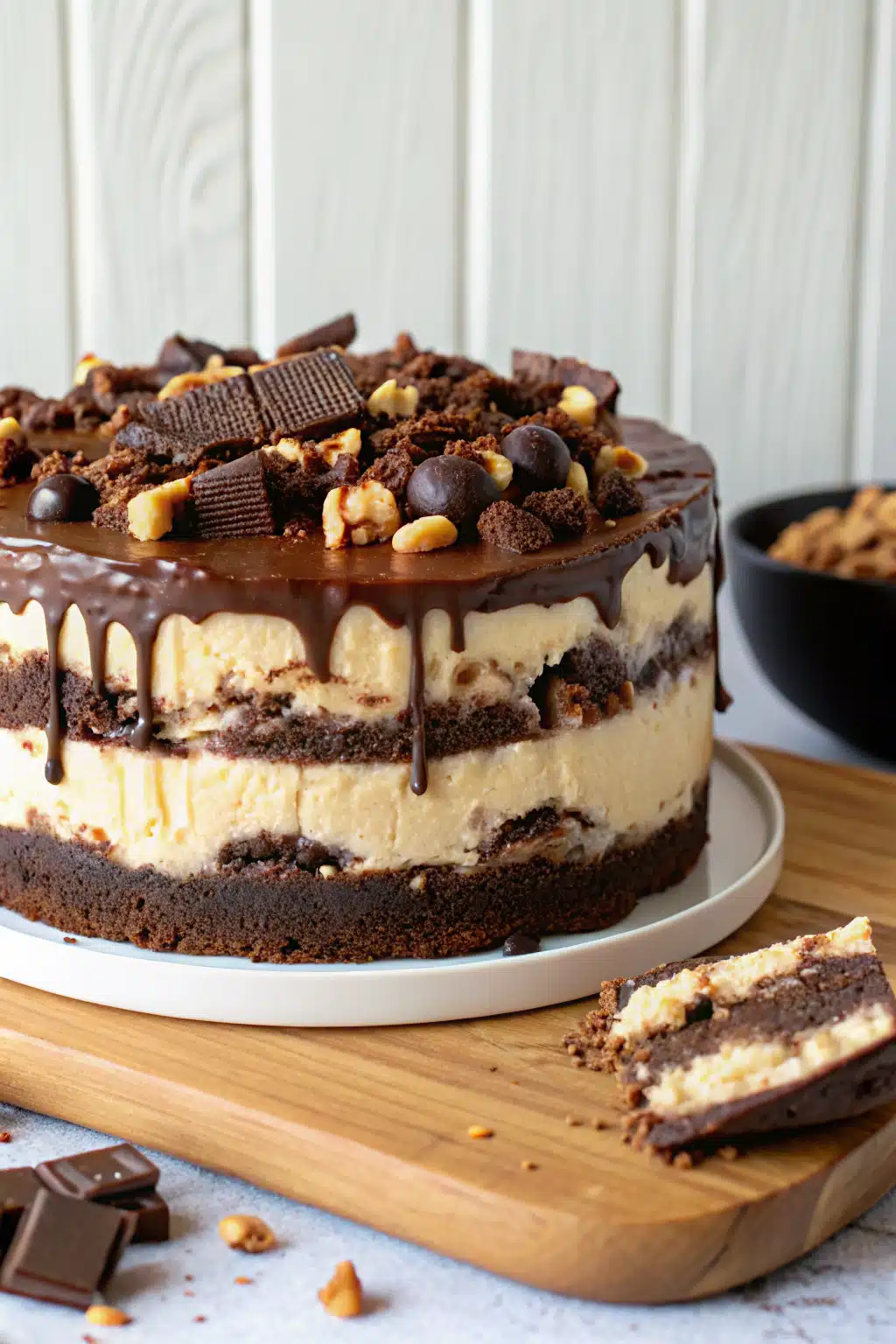 Snickers Peanut Butter Brownie Ice Cream Cake beautifully presented from an overhead angle