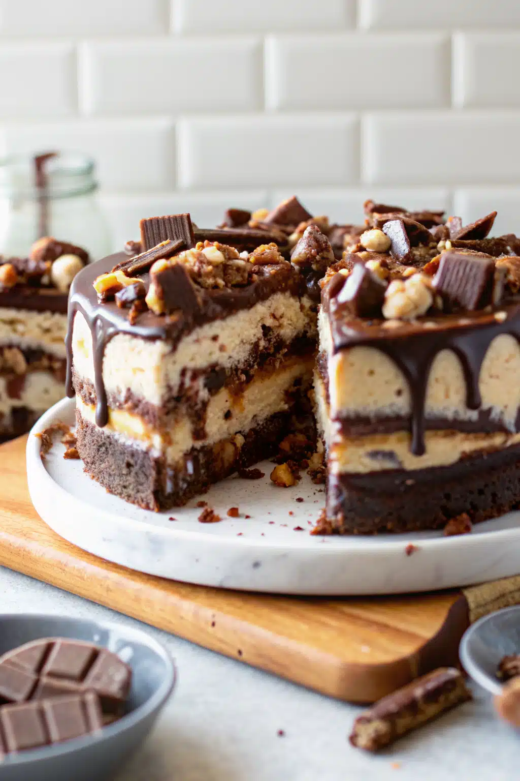 Snickers Peanut Butter Brownie Ice Cream Cake ingredients organized and measured on kitchen counter