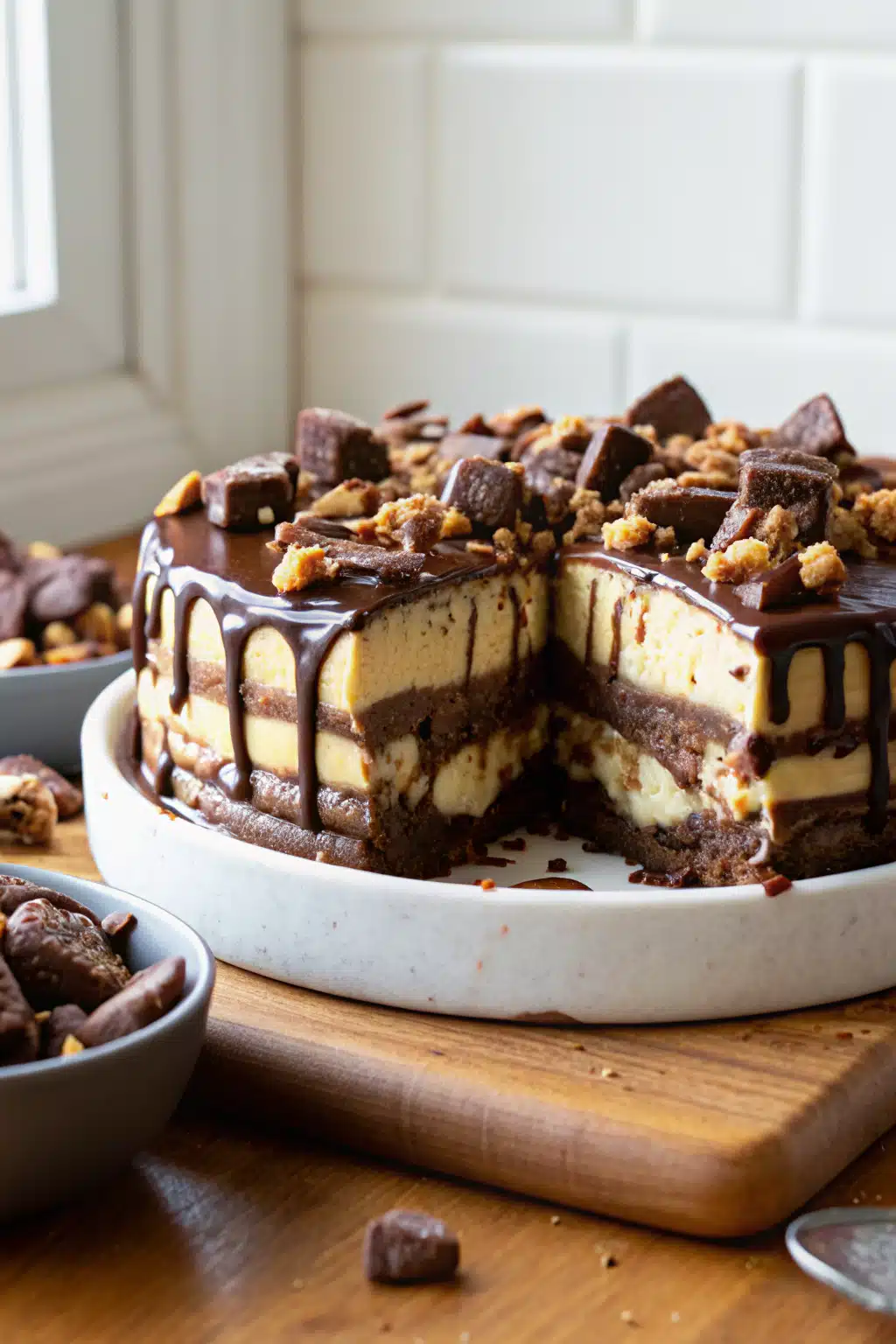Snickers Peanut Butter Brownie Ice Cream Cake slice on plate showing perfect texture and swirl pattern