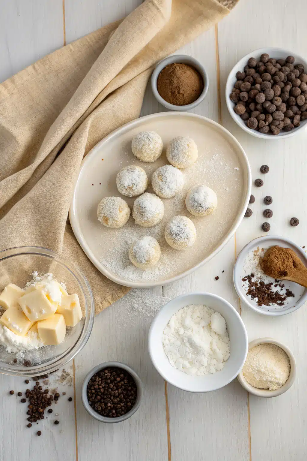 Snowball Cookies beautifully presented from an overhead angle