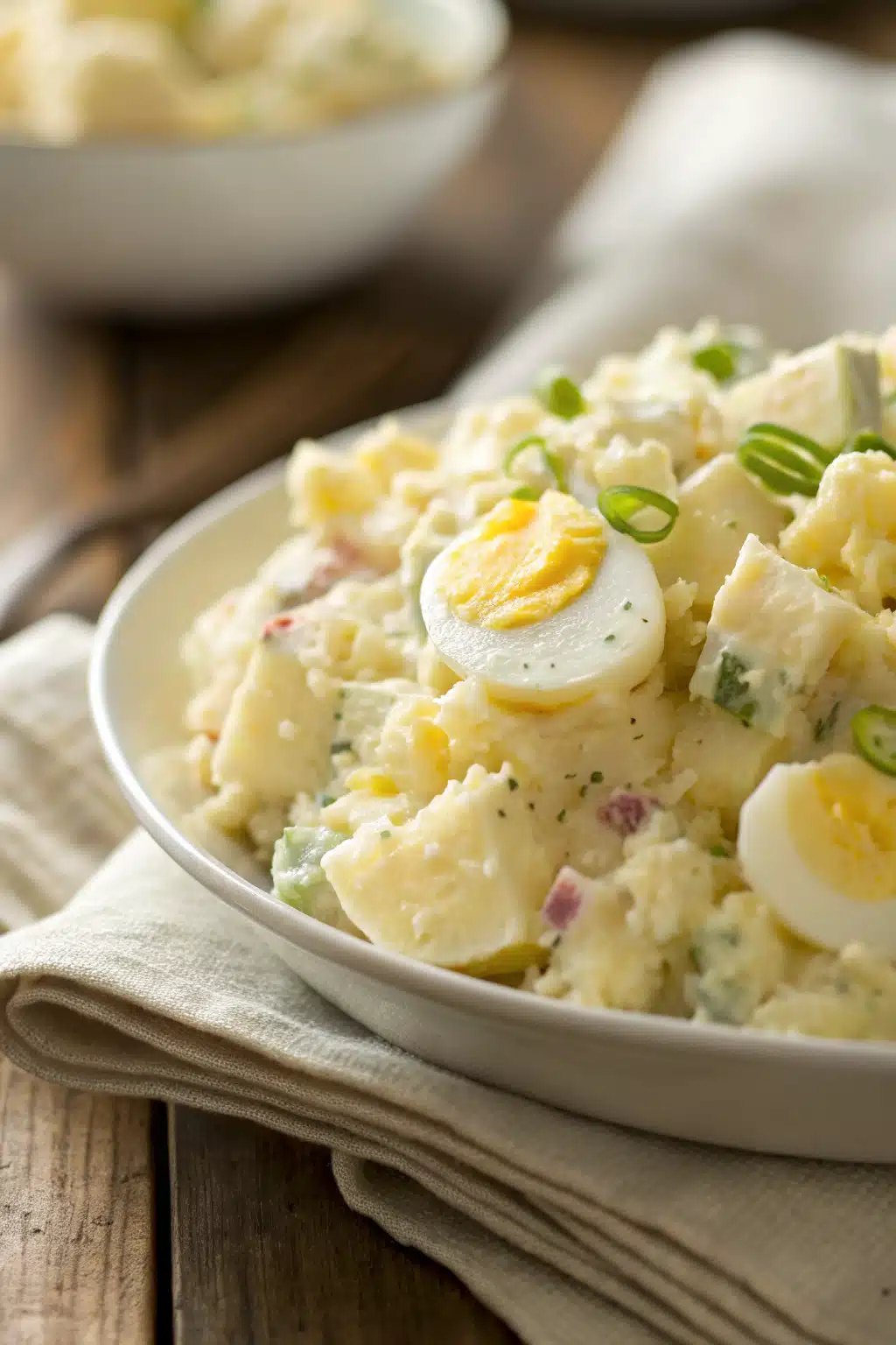 Southern Potato Salad slice on plate showing perfect texture and swirl pattern