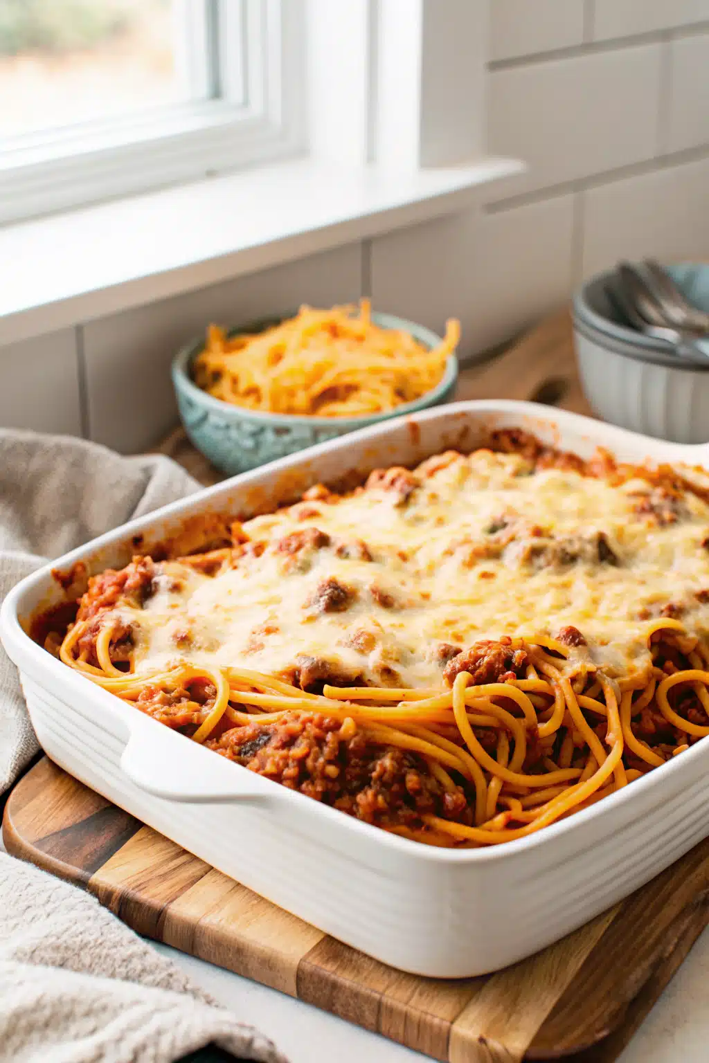 Spaghetti Bake beautifully presented from an overhead angle