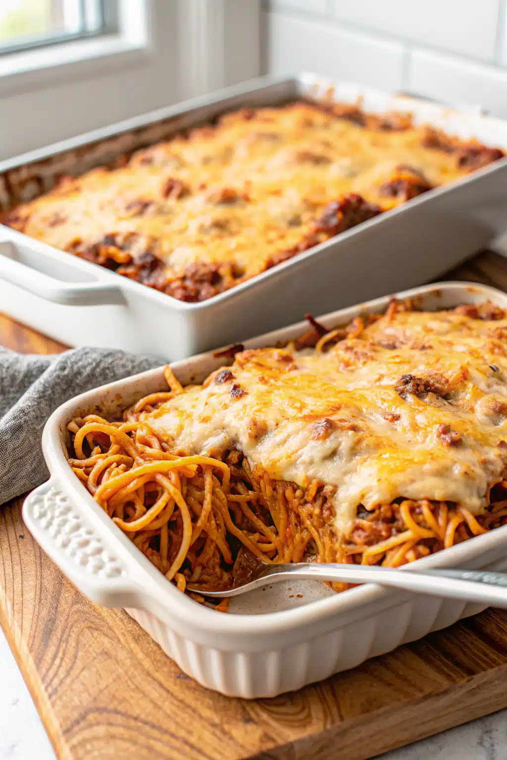 Spaghetti Bake ingredients organized and measured on kitchen counter