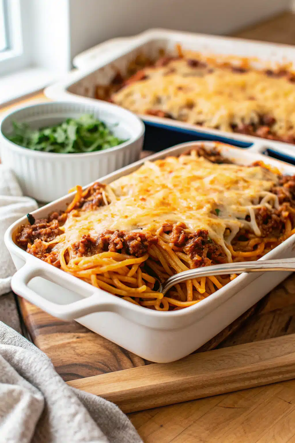 Spaghetti Bake slice on plate showing perfect texture and swirl pattern