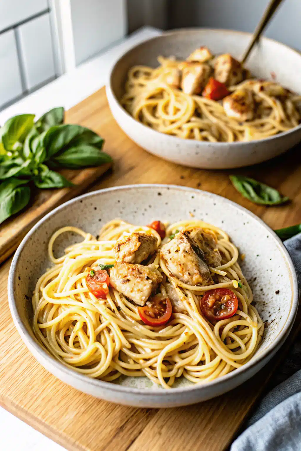 Spaghetti with Chicken and Grape Tomatoes beautifully presented from an overhead angle