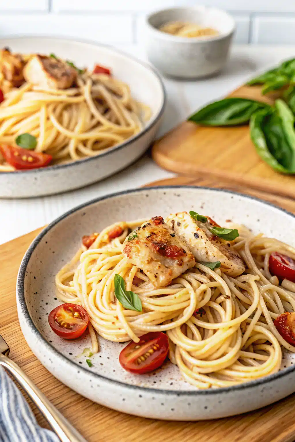 Spaghetti with Chicken and Grape Tomatoes ingredients organized and measured on kitchen counter