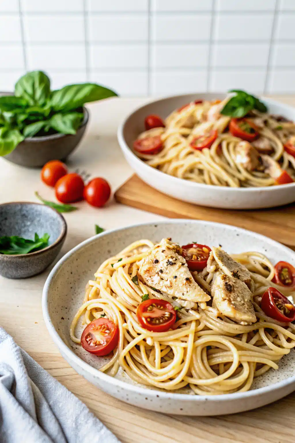 Spaghetti with Chicken and Grape Tomatoes slice on plate showing perfect texture and swirl pattern