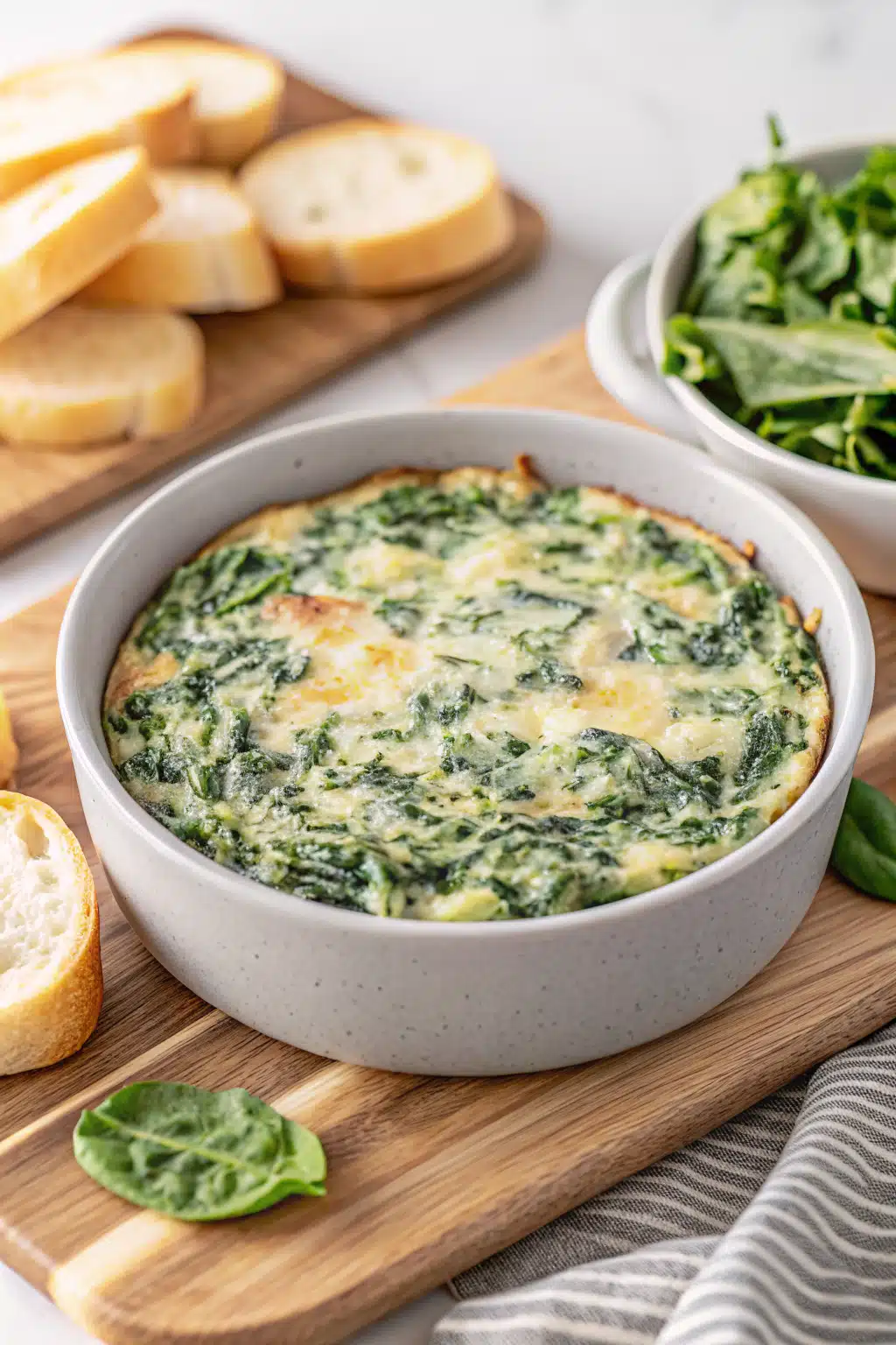 Spinach Artichoke Dip beautifully presented from an overhead angle